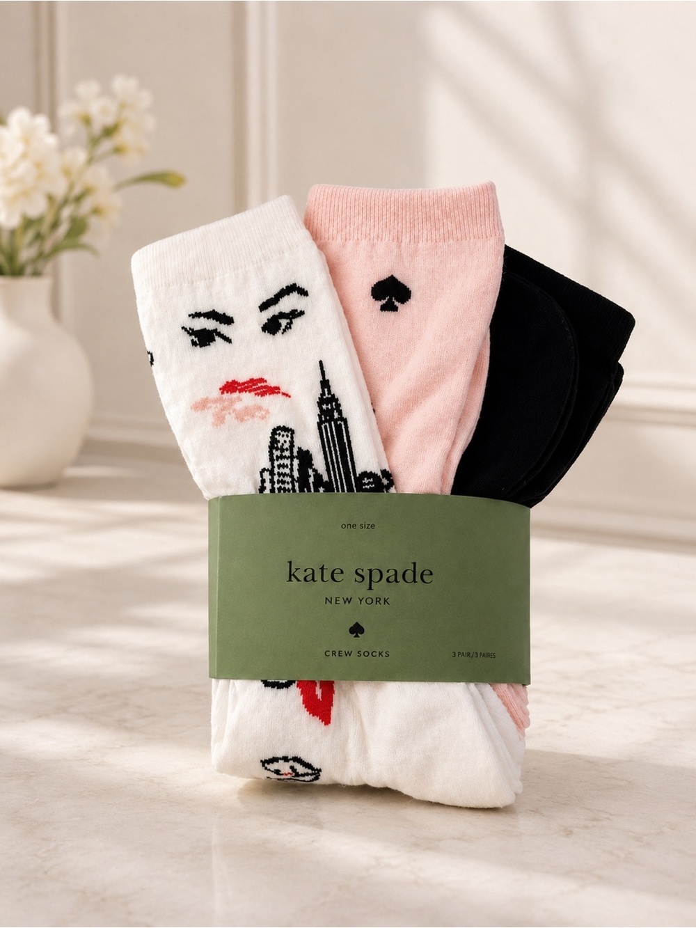 Kate Spade New York 3 Pair Crew Socks Gift Set NWT Pink Black White Novelty